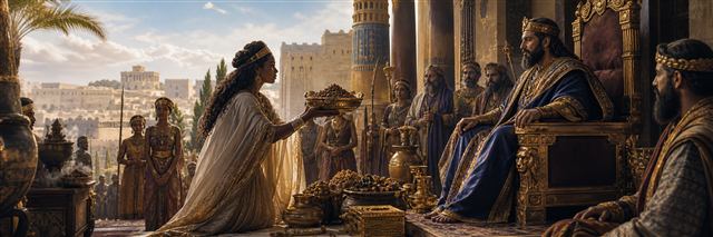 The Queen of Sheba presenting spices and treasure before Solomon in his ordered court